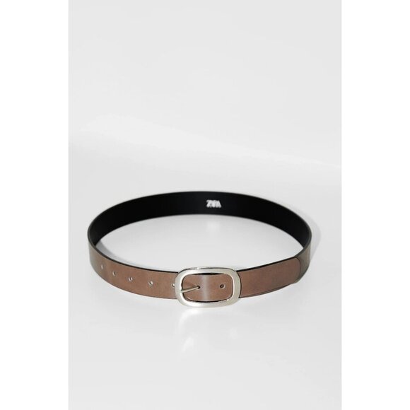 NWOT Zara taupe brown leather belt with silver hardware, 38.25" long - Picture 4 of 16